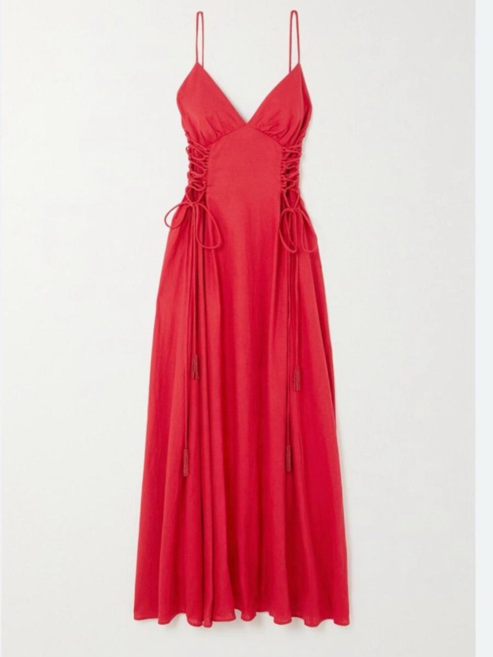 NWOT FARM Rio Linen-Blend Lace-Up Midi-Dress